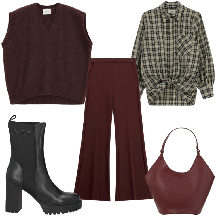 Outfit donna - Total look #2345916. Stile Trendy per Tutti i giorni. Abbinamento con stivaletti chelsea, pantaloni, camicie, maglieria, borse a spalla.