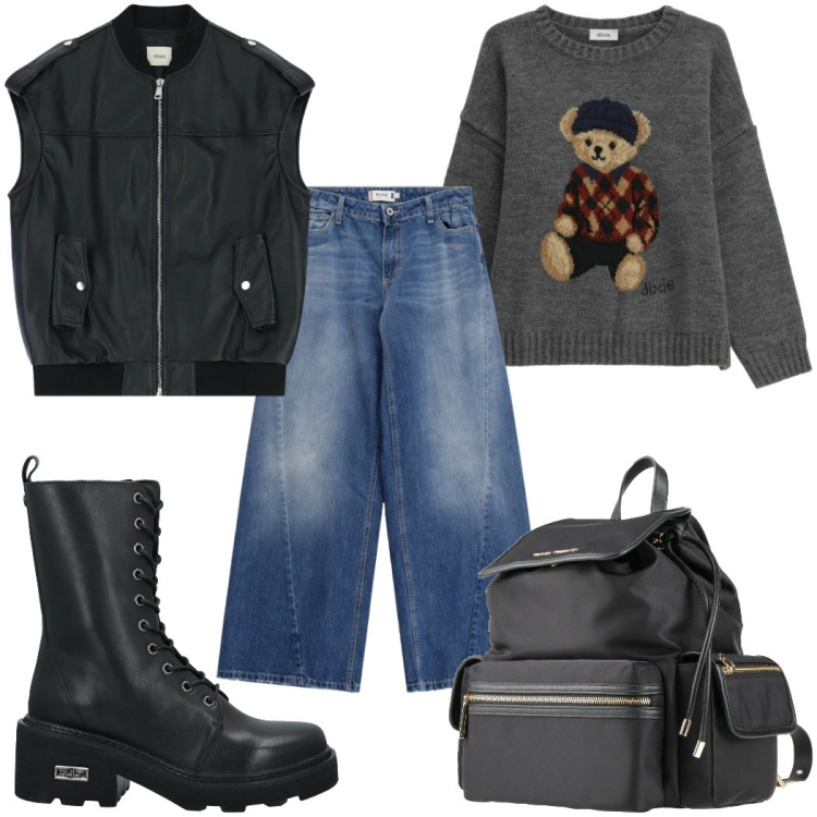 Outfit donna - Total look #2345922. Stile Basic per Tutti i giorni. Abbinamento con stivaletti, zaini, maglieria, gilet, jeans.