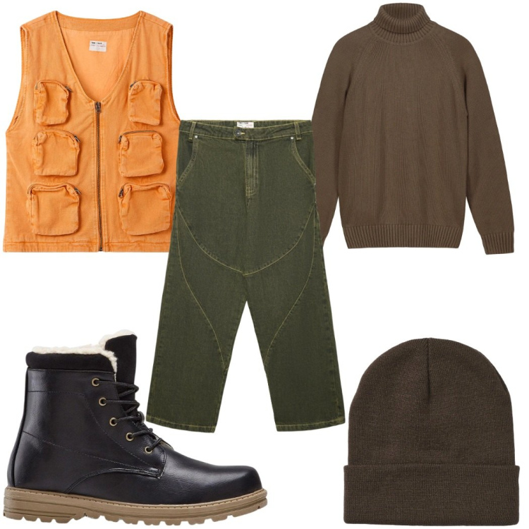 Outfit uomo - Total look #2345938. Stile Trendy per Tutti i giorni. Abbinamento con stivali e stivaletti, gilet, berretti, jeans dritti, pullovers.