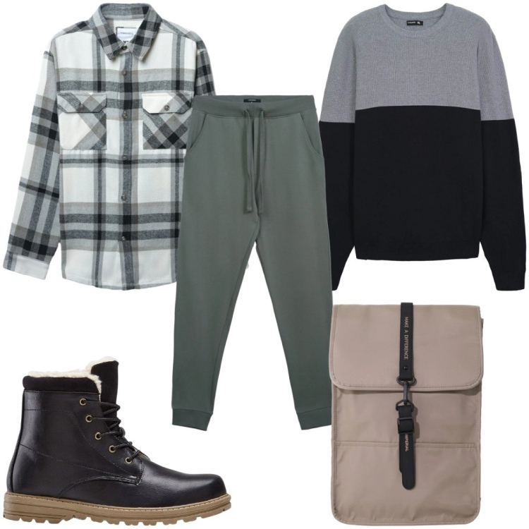 Outfit uomo - Total look #2345946. Stile Casual per Tutti i giorni. Abbinamento con stivali e stivaletti, cappotti, maglieria, pantaloni, borse sportive.