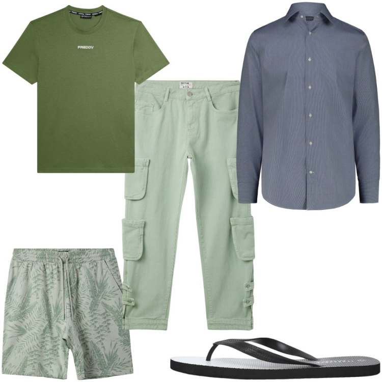 Outfit uomo - Total look #2345959. Stile Trendy per Mare. Abbinamento con jeans, sandali, costumi, t-shirt, camicie.