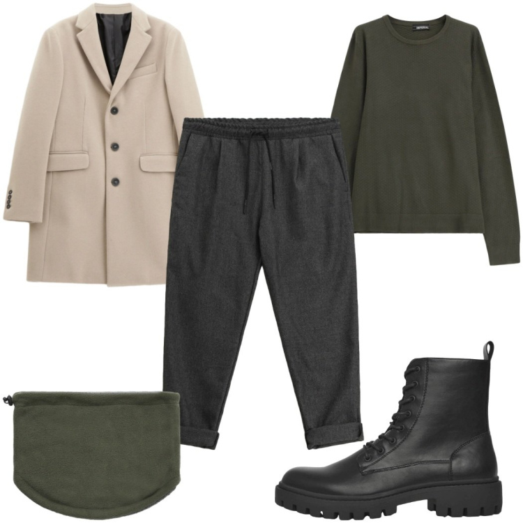 Outfit uomo - Total look #2345960. Stile Casual per Tutti i giorni. Abbinamento con anfibi, scaldacollo, cappotti, pantaloni, maglieria.