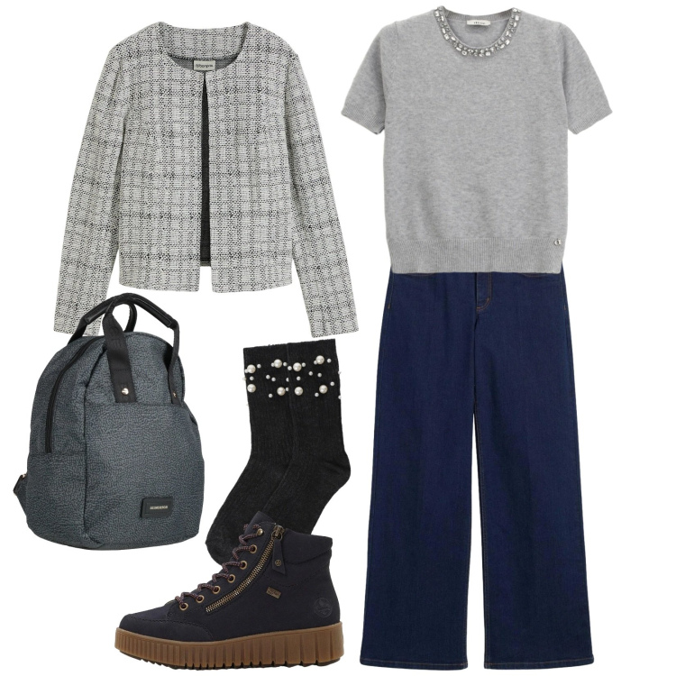Outfit donna - Maglia gioiello. Stile Casual per Tutti i giorni. Abbinamento con zaini, cardigans, sneakers alte, jeans dritti, maglieria, calzini.