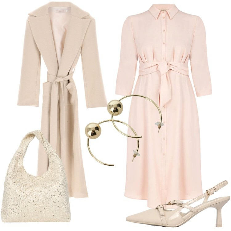 Outfit donna - Febbraio in tonalità soft Curvy Style. Stile Romantica per Serata fuori. Abbinamento con décolleté, borse a spalla, orecchini, cappotti, vestiti lunghi.