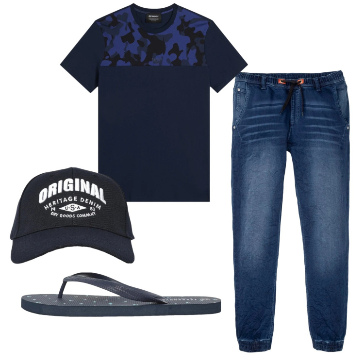 Outfit uomo - Total look #2345966. Stile Casual per Tutti i giorni. Abbinamento con jeans dritti, sandali, cappelli con visiera, t-shirt.