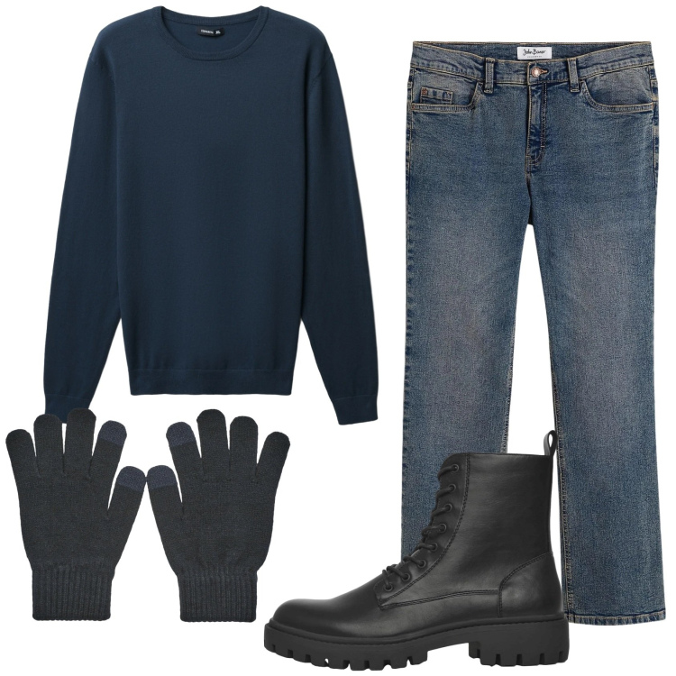 Outfit uomo - Total look #2345981. Stile Casual per Tutti i giorni. Abbinamento con jeans bootcut, anfibi, maglieria, guanti.