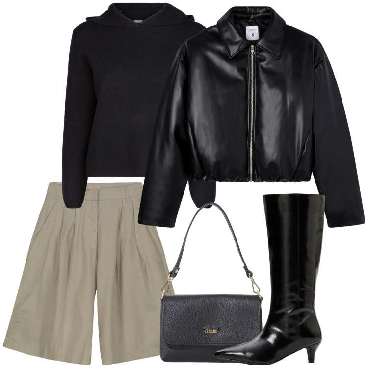 Outfit donna - Bermuda. Stile Casual per Scuola/Università. Abbinamento con stivali, giacche, borse a tracolla, bermuda, maglieria.