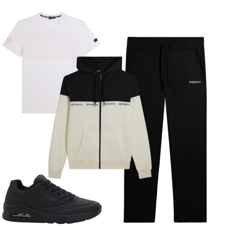 Outfit uomo - Total look #2345984. Stile Casual per Tutti i giorni. Abbinamento con sneakers, felpe con cappuccio, pantaloni sportivi, t-shirt.