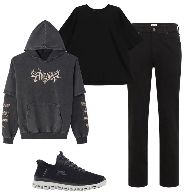 Outfit uomo - Total look #2345985. Stile Casual per Tutti i giorni. Abbinamento con sneakers, jeans dritti, t-shirt, felpe con cappuccio.