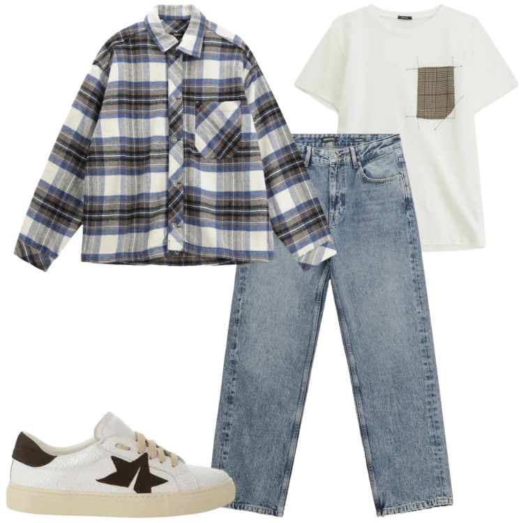 Outfit uomo - Fine febbraio. Stile Casual per Tutti i giorni. Abbinamento con jeans dritti, camicie, t-shirt, sneakers.