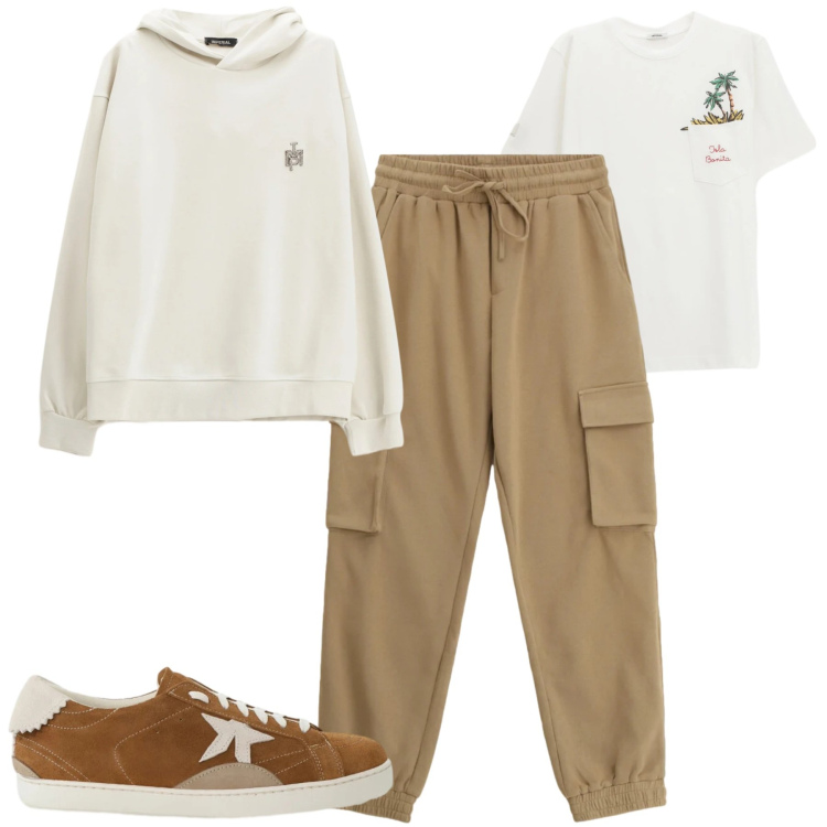 Outfit uomo - Febbraio. Stile Casual per Tutti i giorni. Abbinamento con felpe con cappuccio, t-shirt, pantaloni cargo, sneakers.
