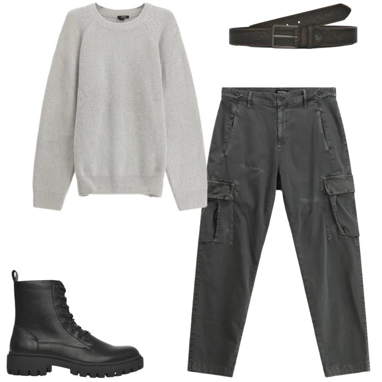 Outfit uomo - Febbraio. Stile Casual per Tutti i giorni. Abbinamento con anfibi, cinture, pantaloni cargo, maglieria.