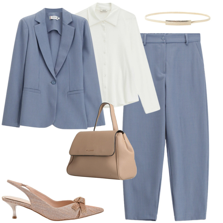 Outfit donna - Primavera in ufficio. Stile Urban per Ufficio. Abbinamento con zaini, camicie, cinture, pantaloni, blazer, décolleté.