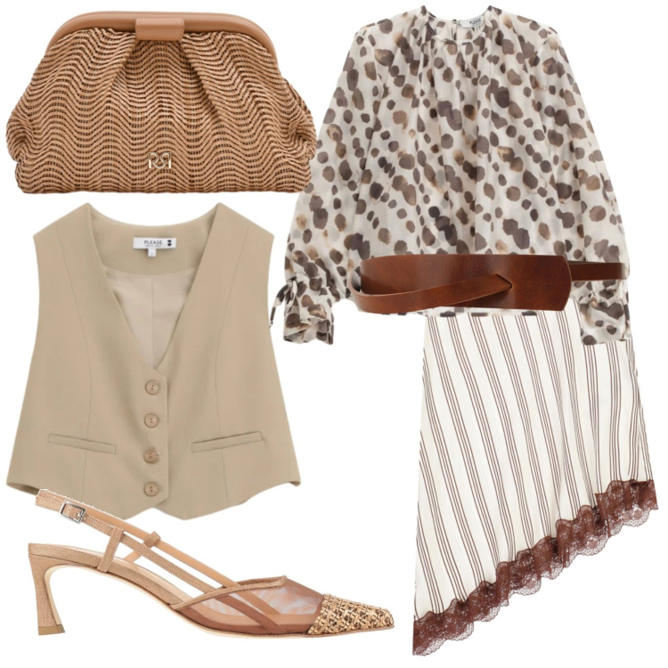 Outfit donna - Toni terra per la cerimonia. Stile Chic per Cerimonia. Abbinamento con décolleté, cinture, bluse, gonne longuette, gilet, pochette.