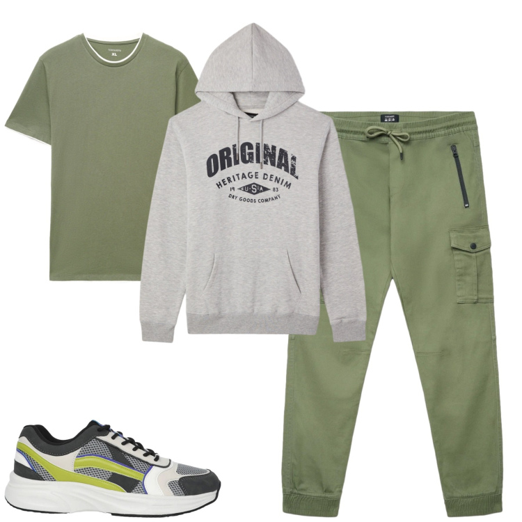 Outfit uomo - Weekend. Stile Casual per Tutti i giorni. Abbinamento con sneakers, felpe con cappuccio, pantaloni cargo, t-shirt.