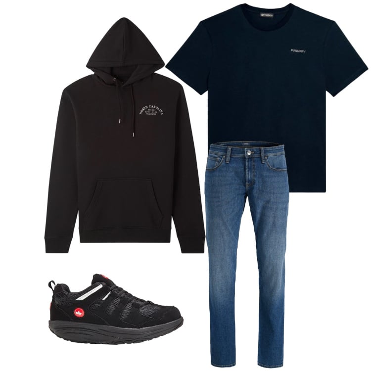 Outfit uomo - Midnight North Carolina Style. Stile Casual per Tutti i giorni. Abbinamento con jeans, sneakers, felpe con cappuccio, t-shirt.