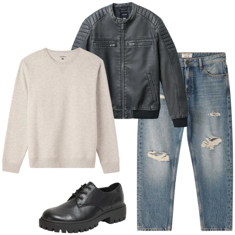 Outfit uomo - Total look #2346009. Stile Urban per Tutti i giorni. Abbinamento con scarpe stringate, giacche, felpe, jeans strappati.