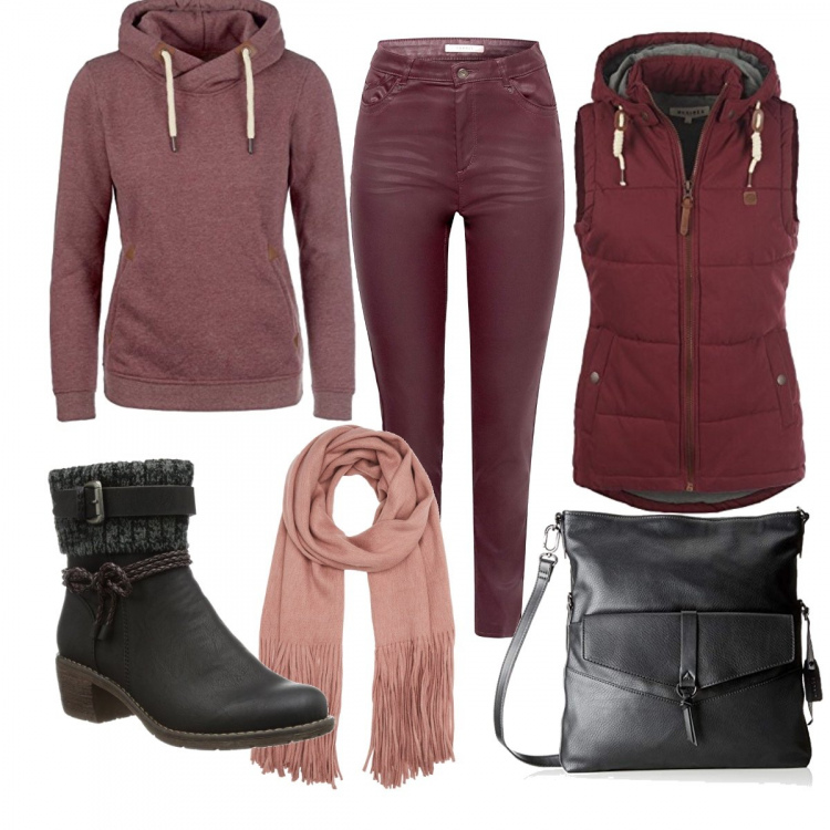 Outfit donna - Monocromatico. Stile Urban per Tutti i giorni. Abbinamento con pantalone rosso e bordeaux, gilet, borsa a tracolla, felpa con cappuccio, stivali nero, sciarpa lunga.