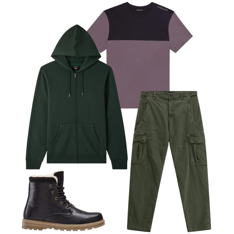 Outfit uomo - Forest Tactical Layering. Stile Casual per Tutti i giorni. Abbinamento con stivali e stivaletti, pantaloni cargo, felpe con cappuccio, t-shirt.