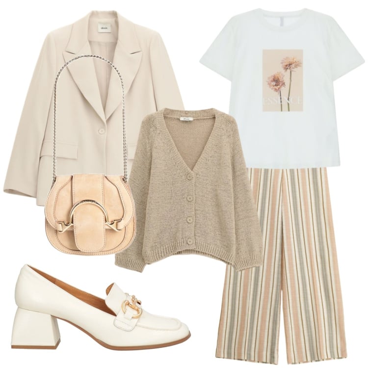 Outfit donna - Curvy in beige e a righe. Stile Casual chic per Tutti i giorni. Abbinamento con marsupi, mocassini, t-shirt, blazer, pantaloni a palazzo, cardigans.