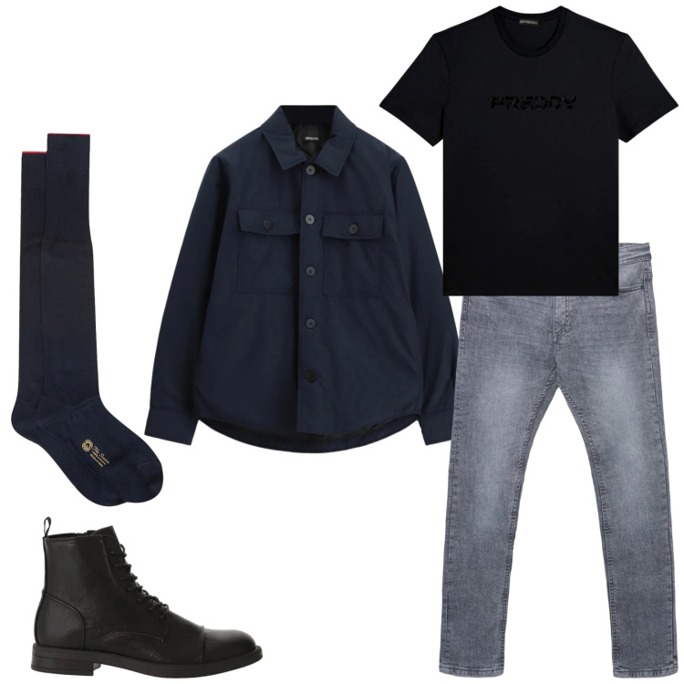 Outfit uomo - Total look #2346013. Stile Urban per Serata speciale. Abbinamento con cappotti, anfibi, jeans skinny, t-shirt, calzini.