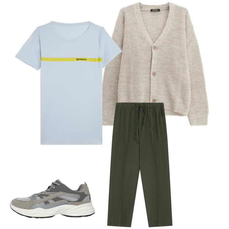 Outfit uomo - Soft Sage & Cardigan Relax. Stile Trendy per Tutti i giorni. Abbinamento con sneakers, pantaloni, cardigans, t-shirt.
