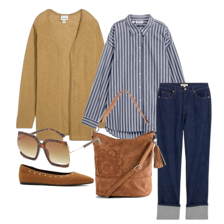 Outfit femme - Février. Style Casual chic pour Tous les jours. Assortir avec chemisiers, pulls, sacs à main, ballerines, jean coupe droite, lunettes de soleil.