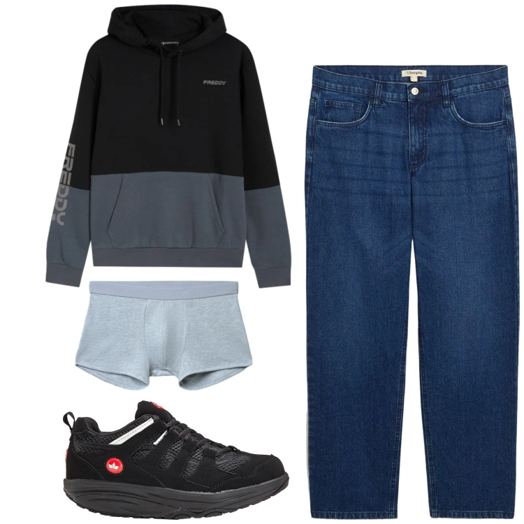 Outfit uomo - Total look #2346019. Stile Casual per Tutti i giorni. Abbinamento con jeans dritti, sneakers, boxer, felpe con cappuccio.