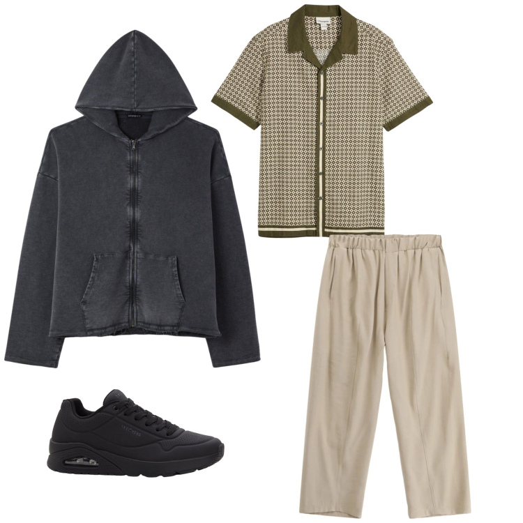 Outfit uomo - Retro Geometric Stone. Stile Casual per Tutti i giorni. Abbinamento con camicie a manica corta, sneakers, pantaloni, felpe con cappuccio.