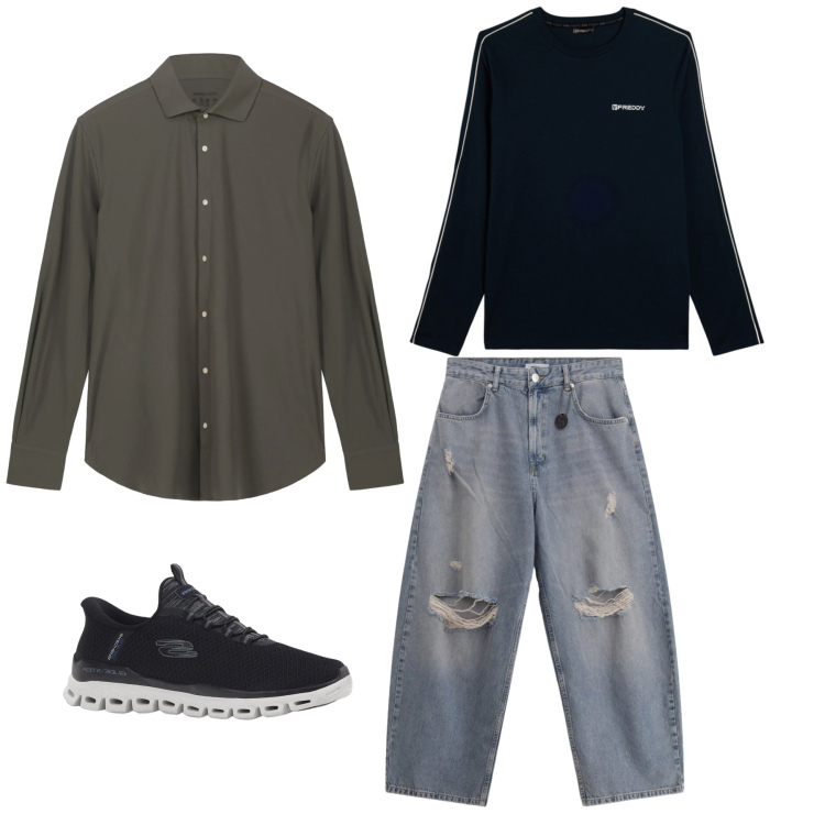 Outfit uomo - Olive Night Cityscape. Stile Trendy per Tutti i giorni. Abbinamento con sneakers, jeans strappati, t-shirt, camicie.