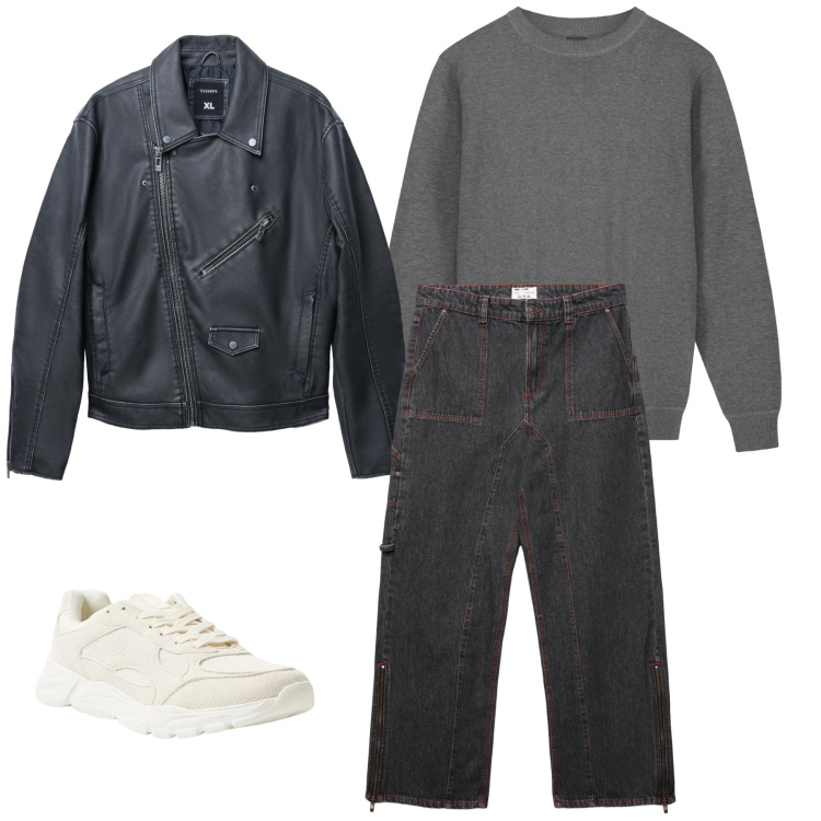 Outfit uomo - Midnight Rebel Edge. Stile Trendy per Tutti i giorni. Abbinamento con sneakers, giacche, jeans dritti, maglieria.