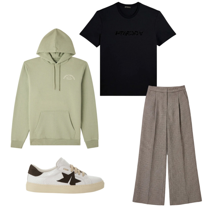 Outfit uomo - Urban Heritage & Sage Mix. Stile Trendy per Tutti i giorni. Abbinamento con sneakers, felpe con cappuccio, t-shirt, pantaloni a palazzo.