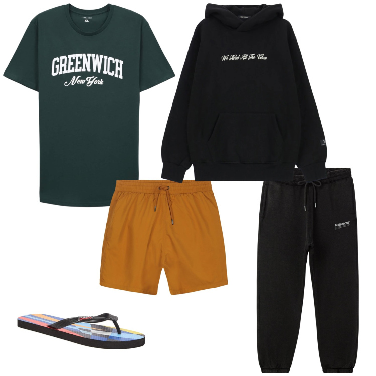 Outfit uomo - Seaside Chill & Vibes. Stile Casual per Tutti i giorni. Abbinamento con sandali, pantaloni sportivi, t-shirt sportive, felpe con cappuccio, costumi.
