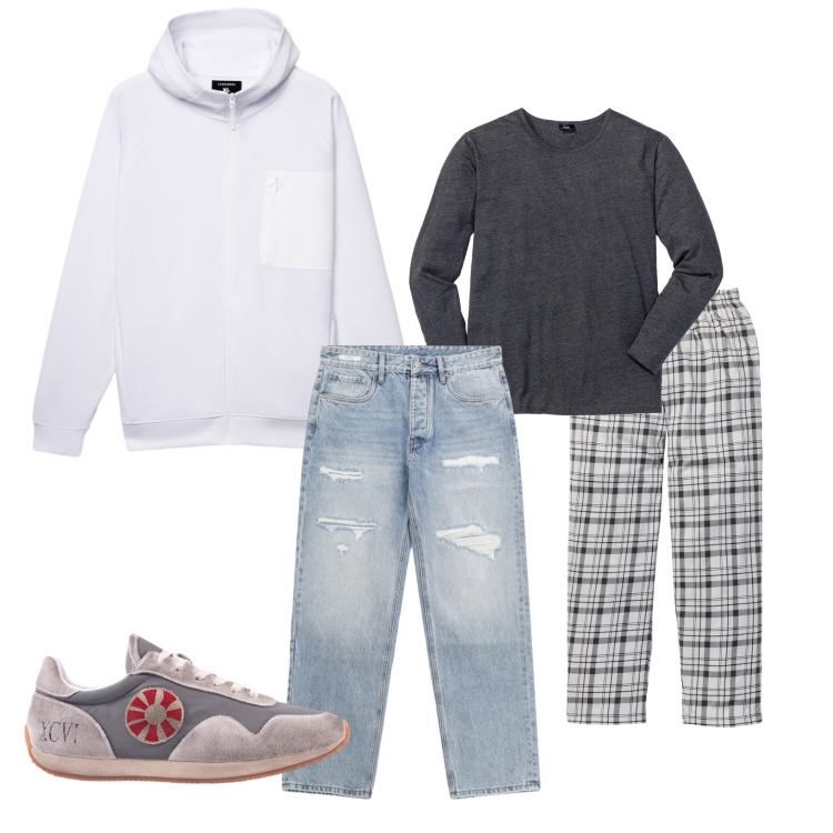Outfit uomo - White Tech-Chill & Patterns. Stile Urban per Tutti i giorni. Abbinamento con abbigliamento da notte, jeans strappati, felpe con cappuccio, sneakers.