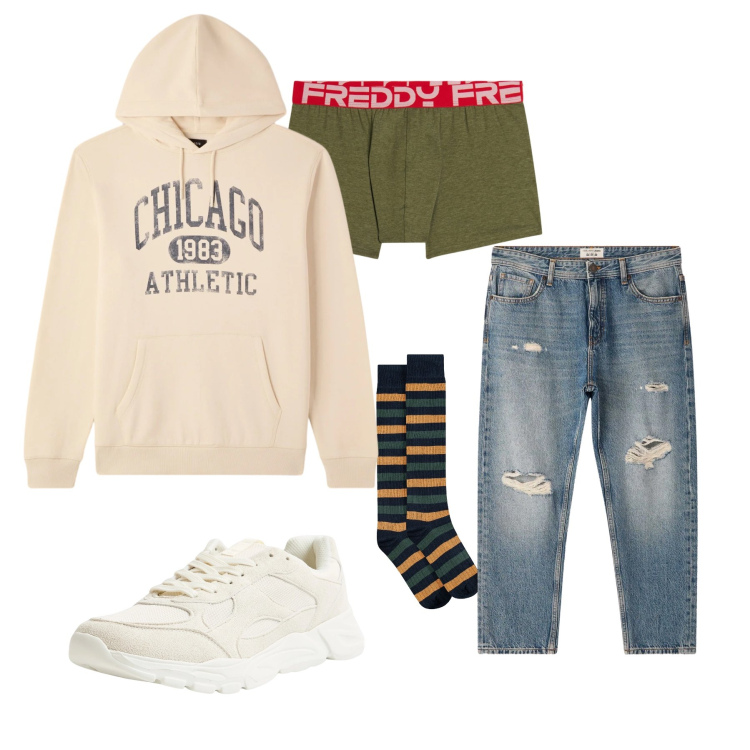 Outfit uomo - Chicago Athletic Lounge. Stile Casual per Tutti i giorni. Abbinamento con sneakers, felpe con cappuccio, jeans strappati, boxer, calzini.