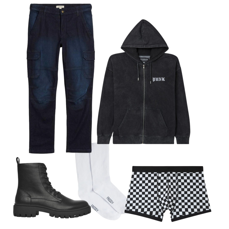 Outfit uomo - Dark Punk Industrial. Stile Casual per Tutti i giorni. Abbinamento con jeans dritti, boxer, felpe con cappuccio, anfibi, calzini.