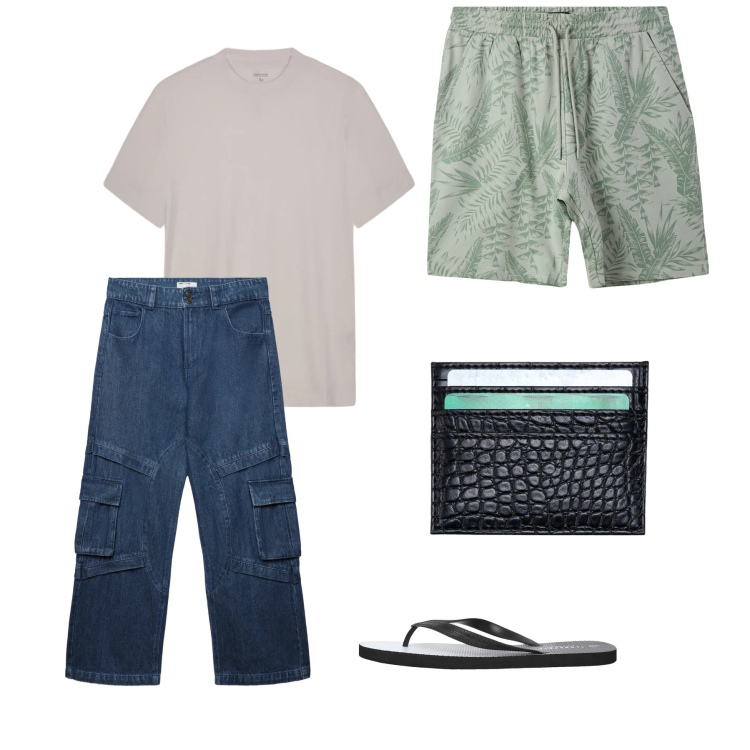 Outfit uomo - Tropical Utility & Denim Flow. Stile Trendy per Tutti i giorni. Abbinamento con sandali, costumi, jeans, portafogli, t-shirt.