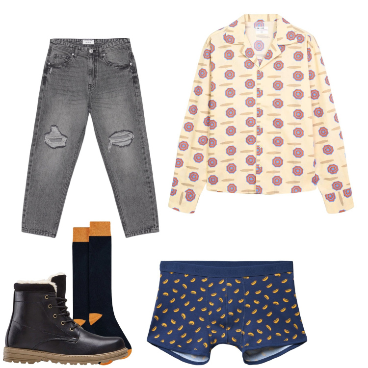 Outfit uomo - Umbrella Pattern & Grey Grit. Stile Casual per Tutti i giorni. Abbinamento con stivali e stivaletti, camicie, boxer, jeans strappati, calzini.