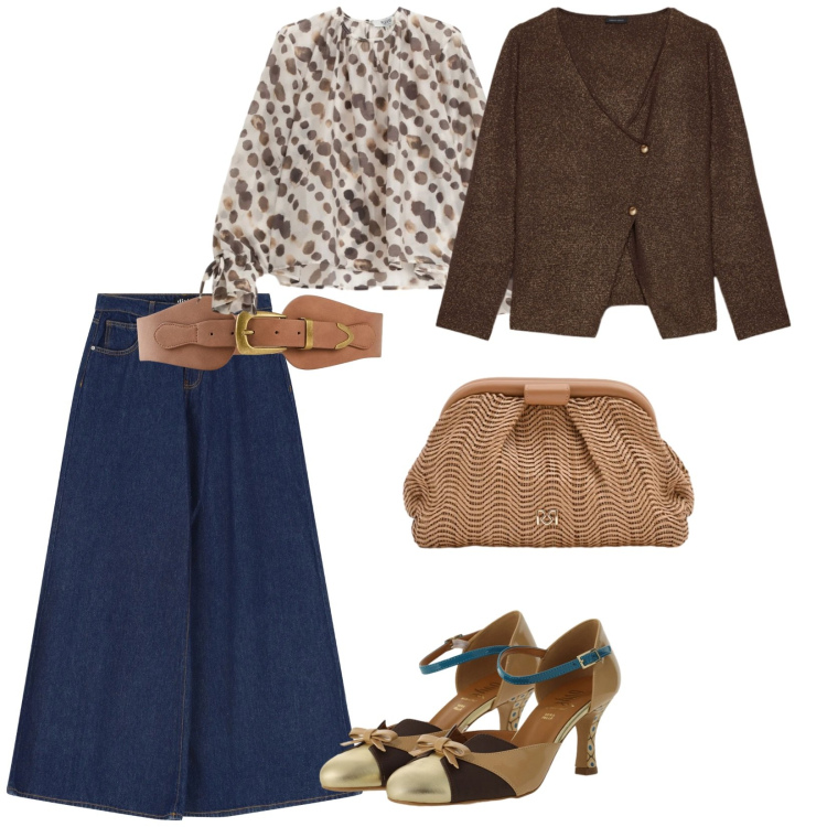 Outfit donna - Giovedì. per Ufficio. Abbinamento con cinture, cardigans, jeans, décolleté, bluse, pochette.