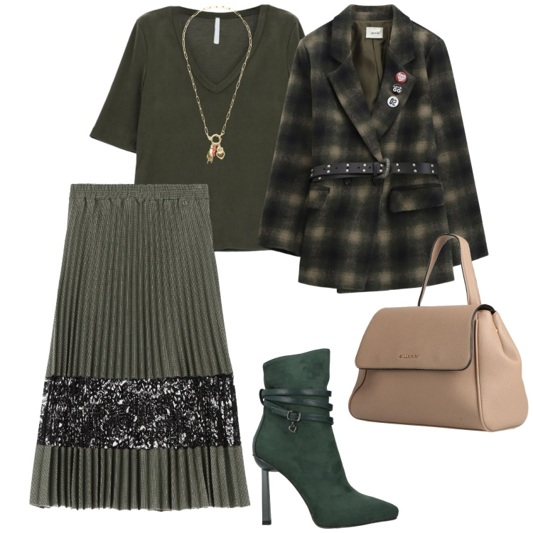 Outfit donna - Verde. per Tutti i giorni. Abbinamento con zaini, stivaletti, t-shirt, gonne longuette, blazer, ciondoli.