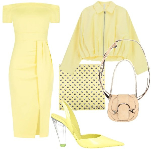 Outfit donna - Spunti per cerimonie di primavera. Stile Romantica per Cerimonia. Abbinamento con marsupi, décolleté, sciarpe, bomber, vestiti asimmetrici.