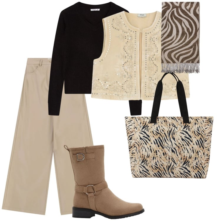 Outfit donna - Praticità. per Tutti i giorni. Abbinamento con stivaletti, foulard, maglieria, gilet, pantaloni a palazzo, shopping bag.