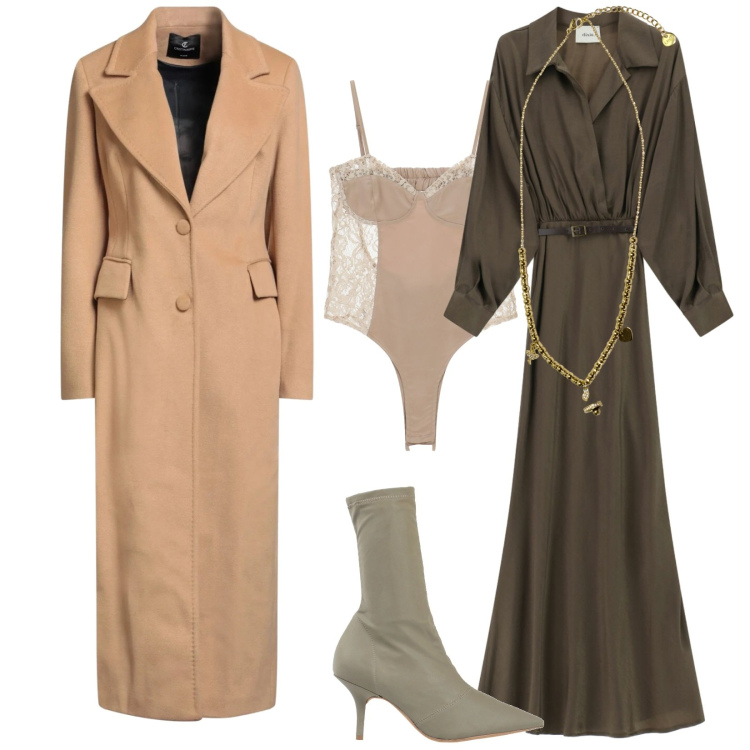 Outfit donna - Total look #2346046. Stile Chic per Serata fuori. Abbinamento con stivaletti, cappotti, body, vestiti lunghi, ciondoli.