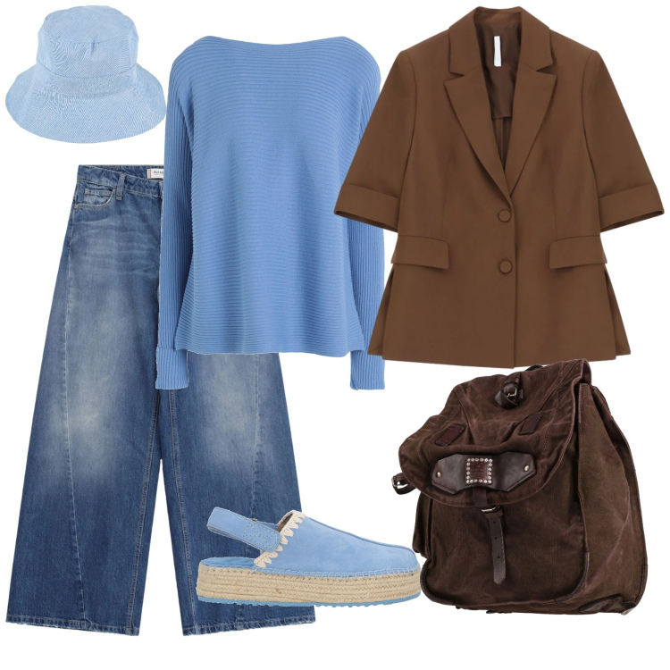 Outfit donna - Giornate di primavera. per Tutti i giorni. Abbinamento con pullovers, espadrillas, zaini, cappelli, blazer, jeans.