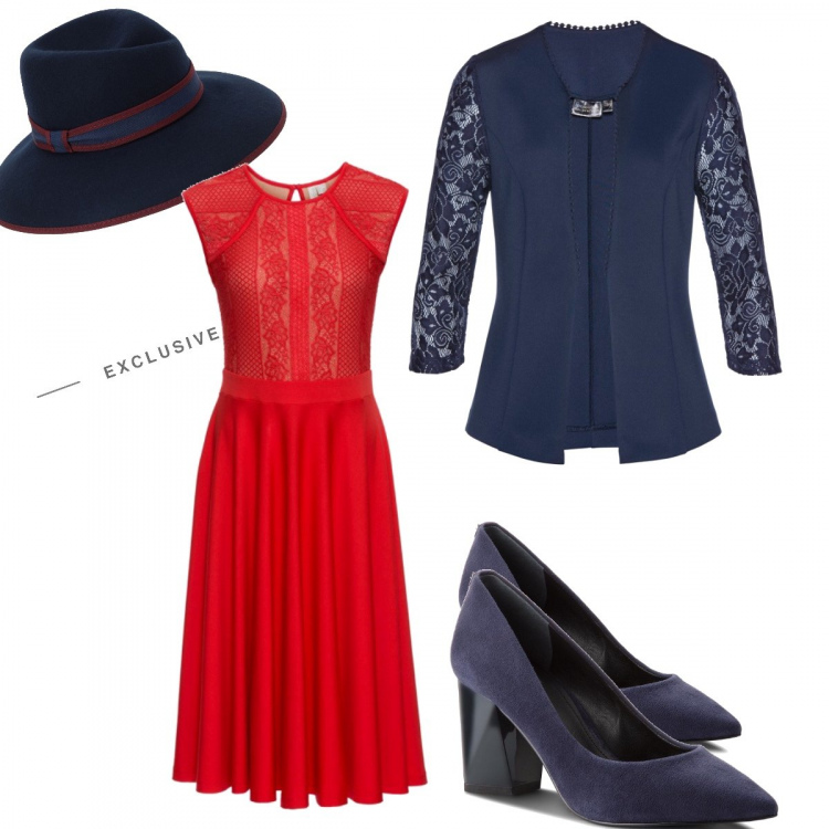 Outfit donna - Chic #1604. Stile Chic per Cerimonia. Abbinamento con blazer, vestito, cappello in lana, décolleté effetto scamosciato.