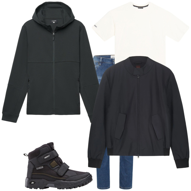 Outfit uomo - Total look #2346059. Stile Casual per Tutti i giorni. Abbinamento con stivali e stivaletti, jeans dritti, felpe con cappuccio, t-shirt, bomber.