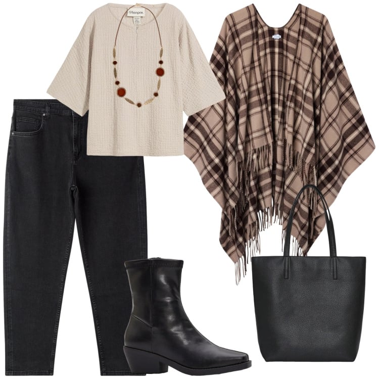 Outfit donna - Curvy style. per Tutti i giorni. Abbinamento con maglieria, stivaletti, jeans mom, cappotti, borse tote, collane.