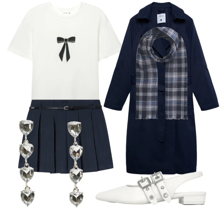 Outfit donna - Terranova. Stile Trendy per Tutti i giorni. Abbinamento con t-shirt, trench, sciarpe, ballerine, minigonne, orecchini.