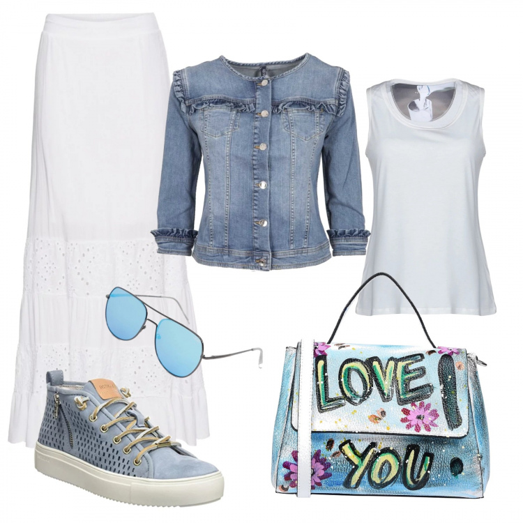 Outfit donna - Spring !!!. Stile Basic per Tutti i giorni. Abbinamento con t-shirt collo tondo jersey, borsa a mano mini con manico e stampa in pelle martellata rigido, gonna lunga con pizzo bianco, giacca con taschini girocollo in denim con polsini, sneakers collo alto blu, montatura occhiali da aviatore lenti sfumate stanghette sottili protezione dai raggi blu.