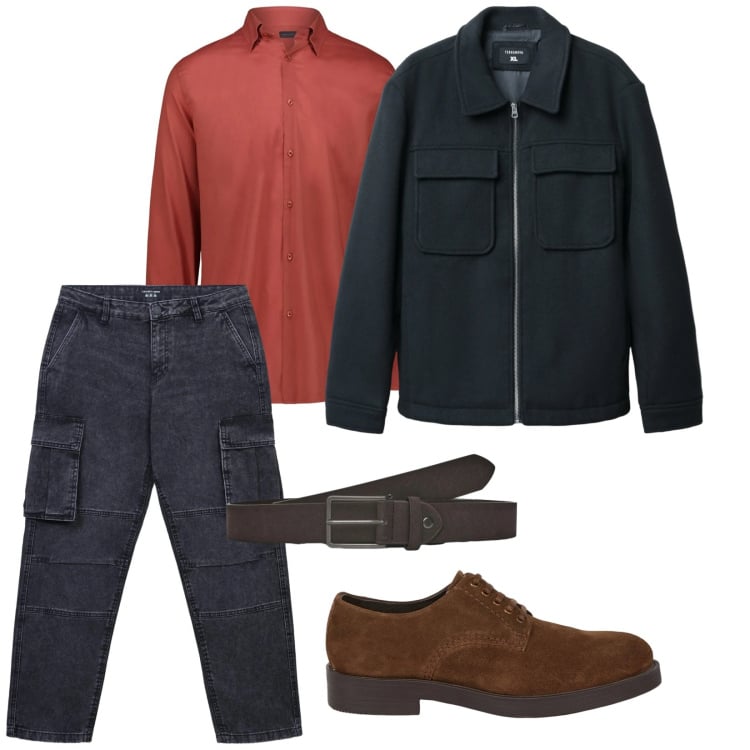 Outfit uomo - Colore. per Ufficio. Abbinamento con cappotti, cinture, jeans, scarpe stringate, camicie.